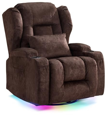 LIFTSHA Relaxsessel mit Liegefunktion, Drehbarer Schaukelstuhl Fernsehsessel mit Heizung & Vibrierende Massage, TV Sessel Heimkinositze mit LED-Umgebungslicht, Elektrisch Verstellbar (1, Braun)