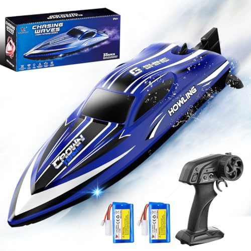 Bateau télécommandé RC 35 km/h étanche 2,4 GHz avec LED et fonction retournement,refroidissement par eau, double batterie, alarme de portée et de batterie, idéal pour enfants et adultes,piscine et lac