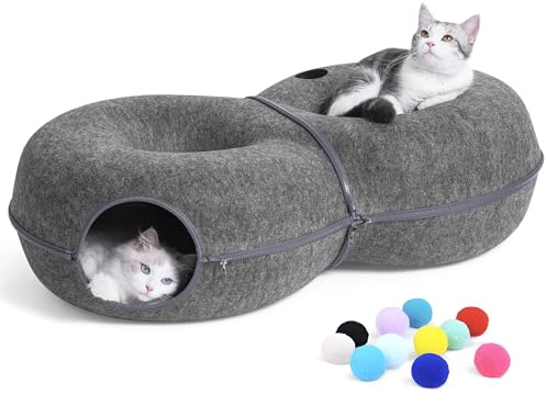 DOOKRON 8-Shaped Large Cat Tunnel Bed for Indoor Cats, Infinite Circulation Peekaboo Cat Cave with 12 Toy Balls, Donut Tunnel for Cats up to 14kg (Dark Grey, L)