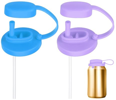sourcing map 2 Pcs Soda Can Lids with Straw Silicone Spill-Proof & Airtight Seal Energy Drink Can Covers Reusable for Standard Size Beer Beverage Juice Seltzer, Sky Blue/Purple