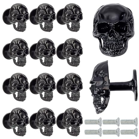 AHANDMAKER Lot de 14 boutons de tiroir en forme de tête de mort avec base en métal pour tiroirs, armoires, bibliothèques, commodes, placards, quincaillerie et décoration de meubles