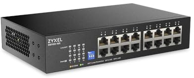Zyxel 16 Port Network Ethernet Switch | Unmanaged Gigabit | GS1100-16S | 16x GbE Ports, Dip Switch Control, Fanless, Wall Mount Kit Included, Plug-and-Play Easy Installation