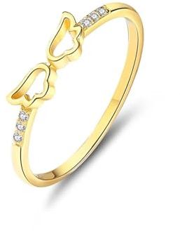 Ringe Frauen Gold Set, Engagement Ring Set Engelsflügel mit Rundem Diamanten 9K Gelbgold Größe 47 (15.0)