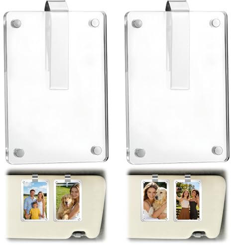 Magnetischer Fotohalter fürs Auto, Bilderrahmen Auto für Sonnenblende, 2 Stück Transparenter Acryl Fotorahmen mit Magnetverschluss, Auto Foto Clip für Kleine Fotos, Klar