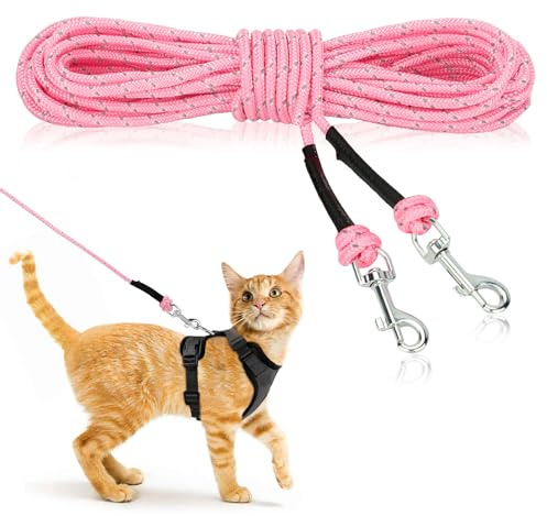 RANYPET Guinzaglio Lungo Riflettente per Gatti, 15 m x 5 mm, Rosa | Corda in nylon riflettente, anti-aggrovigliamento e anti-fuga. 2 moschettoni rotanti a 360°. Giardino e addestramento.