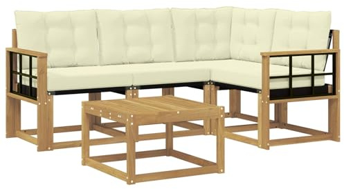 vidaXL Outdoor-Sofagarnitur mit Kissen 5 pcs Weiß und Creme, Garten-Sofa, Moderne Außenmöbel, langlebige Sitzgruppe, Bequeme Lounge, Akazien-Sitze, Entspannung im Garten