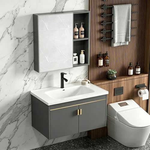 LVRUIEDS Mueble De Baño Mural Gris con Lavabo Y Armario Espejo, Mueble Dos Puertas Cierre Amortiguado, Conjunto Completo para Aseo Cuarto(70x47CM)