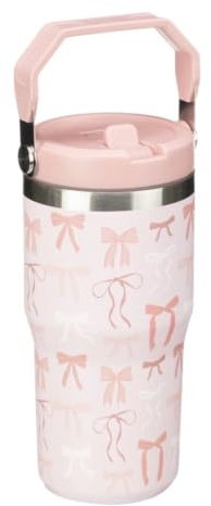 FAHAAM New||Printed Hydrate Double Wall Drinking Tumbler, Pink Bow Pattern, 550ml, with Handle and Lid, Built-in flip Straw for Easy Sipping||