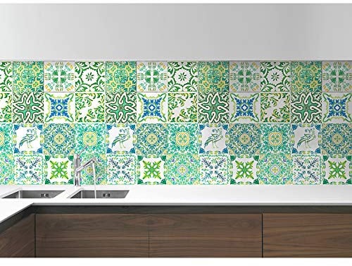 WALPLUS 24 Stück 15x15cm Türkisch grünes Mosaik Grün Weiß Wandfliesen Aufkleber Schälen und Kleben Backsplash Abziehbilder Startseite Dekore Aufkantung für Küche Badezimmer Kacheln Farbe auf Wand