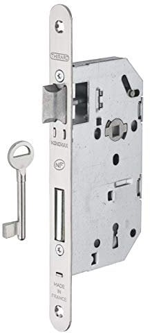 THIRARD - Serrure Encastrable Monomax NF à Clé pour Porte de Chambre - Axe 50 mm - Coffre Acier Embouti - Mécanisme à 2 Tours - Têtière Inox Bouts Ronds - 1 Clé - Gâche Plate Acier Zingué - Gris