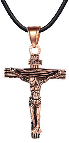U7 Rose Gold Cross Pendant Women Black Leather Rope Chain Necklace Crucifix Jesus INRI Jewellery