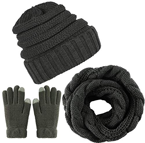 CheChury Damen Kombi Set Schal Mütze Set Loop Schal Gestrickt Beanie Passender Strickmütze Touchscreen-Handschuhe Strick mit Kreis Fleece Geschenkset für Outdoor Ski-Dunkelgrau-One Size