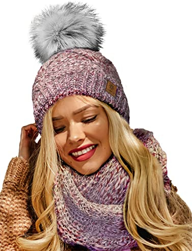 4sold Damen Strick-Mütze Gefüttert mit Faux Fell-Bommel Set Mütze & Schal Alpaka Wolle Bommelmütze Kiesel Bommel Pompon - Set Rouse Pink