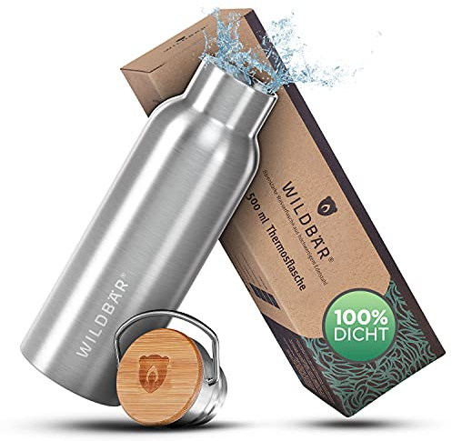 WILDBÄR - Premium Edelstahl Thermosflasche 0,5L Kinder & Erwachsene - Edelstahl Trinkflasche, auslaufsicher - Schule, Sport, Wandern - Ersatzdichtung