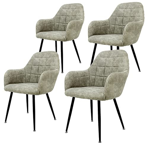 ECD Germany 4er Set Esszimmerstühle mit Rücken- und Armlehnen, Olive, Küchenstühle mit Kunstlederbezug & Metallbeinen, Ergonomische Polsterstühle für Esstisch, Wohnzimmerstühle Esszimmerstuhl Stühle