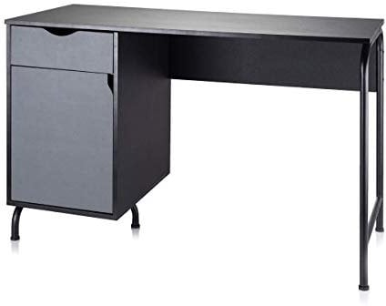 Vitinni Office Desk with Side Drawer and Cupboard - University Study Table, Gaming Desk or Work Table for Home Office, Black and Grey Workstation with Spacious Storage, Durable Home Office Furniture