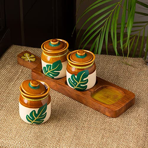 ExclusiveLane Leaf Handpainted Indian Pickle Jars With Lids & Wooden Tray Traditional Indian Style Pickle Container For Dining Table Handmade Ceramic Pickle Jar With Spoon Achar Jar (Set Of 3, 220 ML)