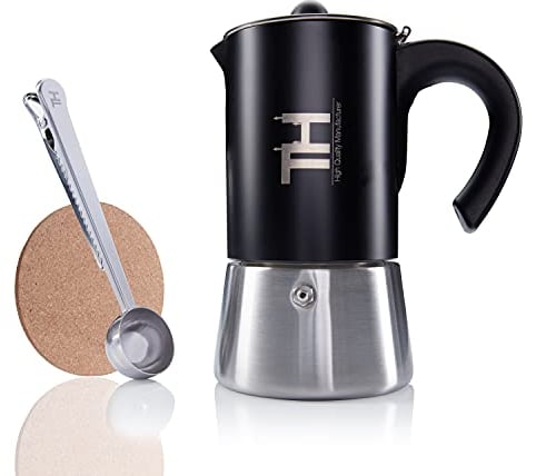 Thiru Caffettiera 4 tazze a induzione, in acciaio inox, con set di attrezzi, per tutti i piani cottura, senza rivestimento