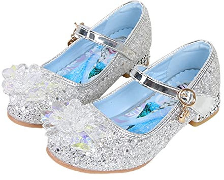 KANDEMY Mädchen Kristall Elsa Schuhe mit Absatz Glitzer Prinzessin Schuhe mit Pailletten Kinder Sandalen Eiskönigin für Halloween Fest Fasching Geburtstag Party Silber 27