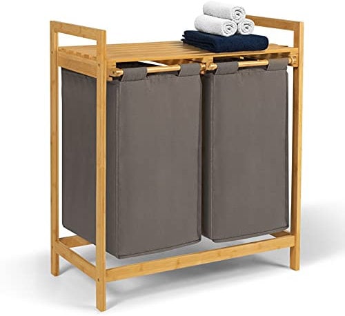 IDMarket - Panier à Linge 2 bacs Bambou BEA Tissu Gris foncé