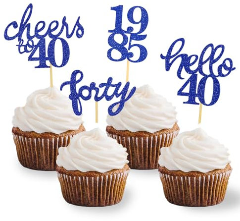24 Stück Glitzer 40. Geburtstag Cupcake Topper, Geburtstagsdeko 40 von 1985 für Deko 40 Geburtstag, 40 Geburtstagsfeier Zubehör Party Dekoration Kuchendekoration (Blau)