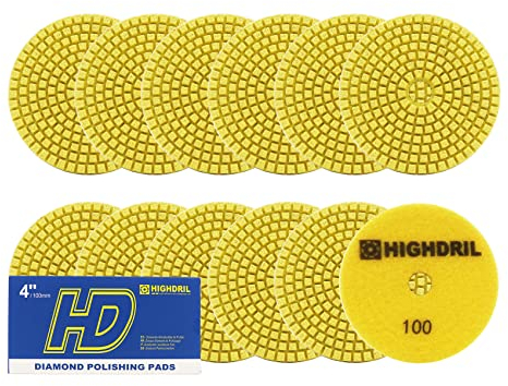 HIGHDRIL Almohadillas Pulido Diamante Húmedas - 12piezas #100 Almohadillas Lijado 100MM para Granito Piedra Mármol Suelo Grinder Pulir Almohadilla Kit para Taladro, Amoladora, Pulidora