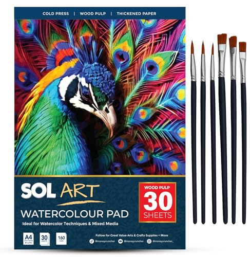 SOL 30 Sheets Watercolour Pad with 6pk Brushes, Watercolour Paper A4 Pad for Artists & Beginners, Versatile Brushes in Various Sizes - Durable Sketchbook for Painting & Art Projects for Adults