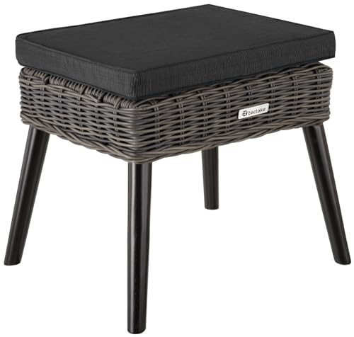 tectake® Alu Poly Rattan Fußhocker mit Polster, 54,5 x 44,5 x 46,5 cm, Outdoor Möbel, Sitzbank, Fußauflage, Sitzhocker mit waschbarem Bezug, Hocker bis 150 kg für Garten, Terrasse, Balkon - grau