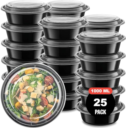 AKOLAFE Lot de 25 boîtes à repas rondes de 1000 ml avec couvercle en plastique - Vaisselle au micro-ondes hermétique - Noir - Bol épais (diamètre 17,5 cm, hauteur 6 cm)