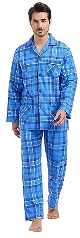Amaxer Pyjamas Hommes 100% Coton Flanelle, Pantalons à Manches Longues, Motif à Carreaux Bleu Ciel, M