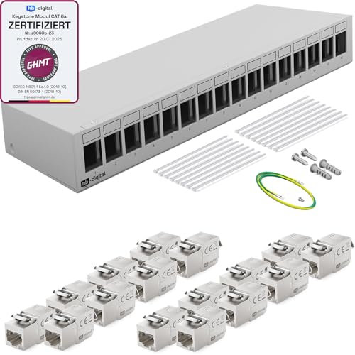 HB-DIGITAL Panneau de brassage 16 ports 1 U 16 x CAT 6a RJ45 Module Keystone Jack - Certifié GHMT - Entièrement blindé STP 10 Gbps - Compatible avec les câbles de pose - Câble réseau LAN - Gris clair