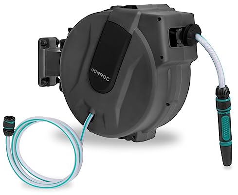VONROC Avvolgitubo retrattile automatico – nero - Include tubo da giardino da 25 m, tubo di collegamento, ugello, raccordi e connettore per rubinetto.