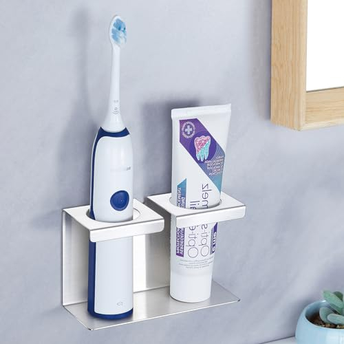 YYBO Zahnbürstenhalter Wand Ohne Bohren, Halterung Elektrische Zahnbürste, Freistehend Zahnbürsten Halterung Edelstahl Zahnpastaspender Selbstklebend Elektrische Zahnbürsten Organizer für Badezimmer