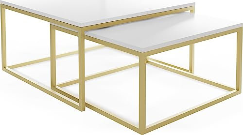 WFL GROUP Rechteckige Quadratische Satztische Couchtische mit Gold Gestell - Loft Style Couchtische Metallbeine - 2 in 1 - Zwei Industrielle Getrennte Tische für Wohnzimmer - Weiß