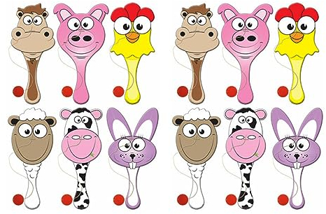 12 x Bauernhof-Paddelschläger aus Holz, Bauernhof-Biff-Schläger – Kinder-Partytütenfüller, Pinata-Spielzeug mit Ball und Schnur