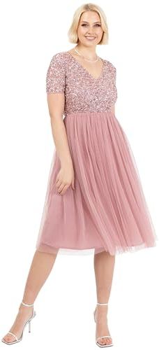 Maya Deluxe Women's Embellished Midi Evening Dress Ladies V Neckline with Short Sleeve for Prom Wedding Bridesmaid, Vintage Rose, 18