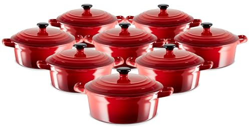 KHG Auflaufform mit Deckel 8er Set, Rot 0,5 Liter klein, Keramik Steingut rund, Servierform mit Griffen, ofenfest 200°C & mikrowellenfest, Mini-Schmortopf, Mini-Bräter, Mini-Cocotte