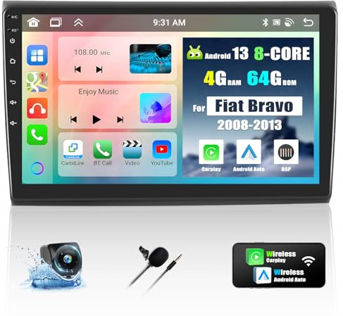 Autoradio für Fiat Bravo 2008-2013 Android 13 mit Carplay Android Auto, 8-Core 9 Zoll Touchscreen Radio mit intelligenter Stimme Bluetooth WiFi GPS FM / RDS 36EQ DSP Netzwerk Radio SWC+Rückfahrkamera