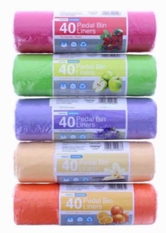 40x each pack Scented Extra Strong Pedal Bin Liners with Tie Handles Refuse Sacks Multicoloured 15 Litres - Home, Office, Kitchen, Bathroom (200 Bags)