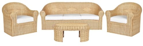 Beliani Lounge Set mit Tisch 5-Sitzer Naturfarben Rattan Mediterran | Für 5 Personen, Sitzhöhe 35 cm, Benötigt keine Montage, Für den Außenbereich, 202 x 75 x 82 cm, Schmutzbeständig