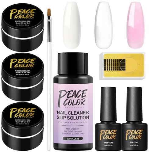 PEACECOLOR Gel Unghie Ricostruzione e 3 Colori Poly Nail Extension Rosa Bianco Chiaro UV Nail Gel con 30ml Nail Slip Solution per Unghie Builder