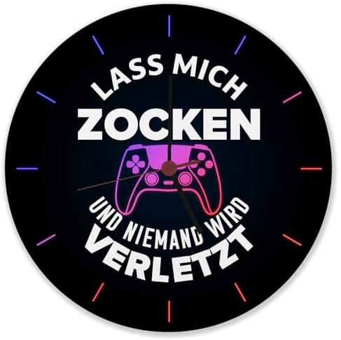 speecheese Lass Mich zocken und niemand Wird verletzt Wanduhr aus Alu Uhr für Zocker und Konsolennerds mit witzigem Spruch und Controllermotiv Dekoration für das Gamerzimmer