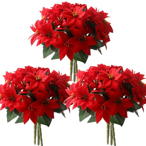 6 Pack Artificial Christmas Poinsettia Flowers Bouquets Outdoor Indoor Decorations 35cm XMAS Faux Red Poinsettia Flowers Bushes with 7 Stems 42pcs Poinsettia Flowers for Porch Pot Vase Window Box
