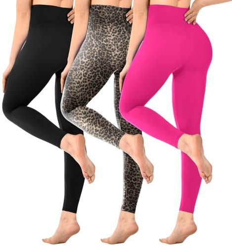 SINOPHANT 3er Pack Leggings Damen High Waist, Blickdicht Schwarze Leggings für Gym Yoga Sport, Schwarz/Leopard/Rosa Rosa, L-XL