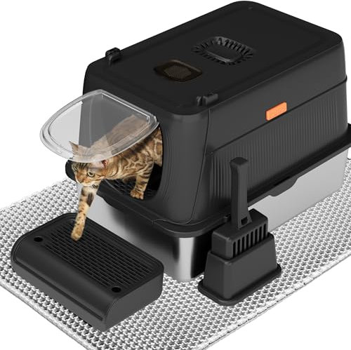 Citylife XL Stainless Steel Cat Litter Box with Lid, Extra Large Enclosed Removable Metal Litter Tray with Litter Scoop&Double Layer Litter Mat, Non-Sticky, Non-Odor, Easy Cleaning, for Big Cats