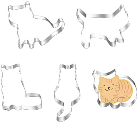 Emporte Pièce Chat, Lot de 5 Emporte-pièces en Acier,Moule à Biscuits Kit Chat,Gâteau Biscuit Fondant Décoration,Emporte-pièces pour Fête sur le Thème du Chat,Adorables Formes de Chat
