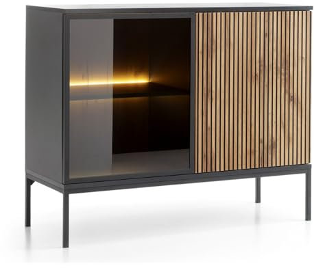 Selsey Tosena Sideboard 104 x 39 x 83 cm - Modernes Design in Schwarz-Graphit/Eiche Wotan - Mit Glasfront & 4 Fächern - Laminierte Spanplatte/MDF, Pulverbeschichteter Stahl - Beleuchtung Möglich
