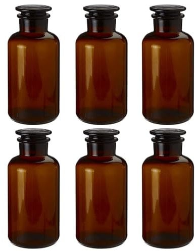 UNIQUE HOME LIVING Apothecary Jar Set of 6 Reagent Bottles, 250ml Amber Glass Storage Jars with Lid, Reusable Vintage Refillable Container for Herbs, Spices, Oils, Bath Salts, Lotion, Perfume