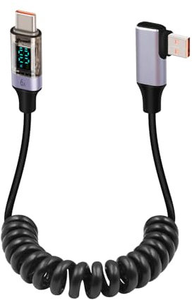 GELRHONR Spiralkabel USB A auf USB C Kabel mit LED Anzeige 66W,90 Grad USB C Android Auto Ladekabel Schnelllade für Telefone, Tablets, Powerbank Biegsam&Robust