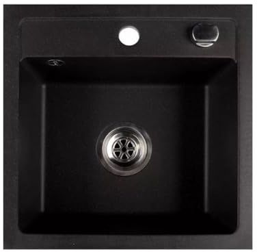 QLS Granitspüle 44x44 cm mit Automatiksiphon Schwarz Metallic | Kompakte Lösung für moderne Küchen, kratzfest, hitzebeständig und UV-beständig, mit 2 vorgebohrten Löchern zur Montage